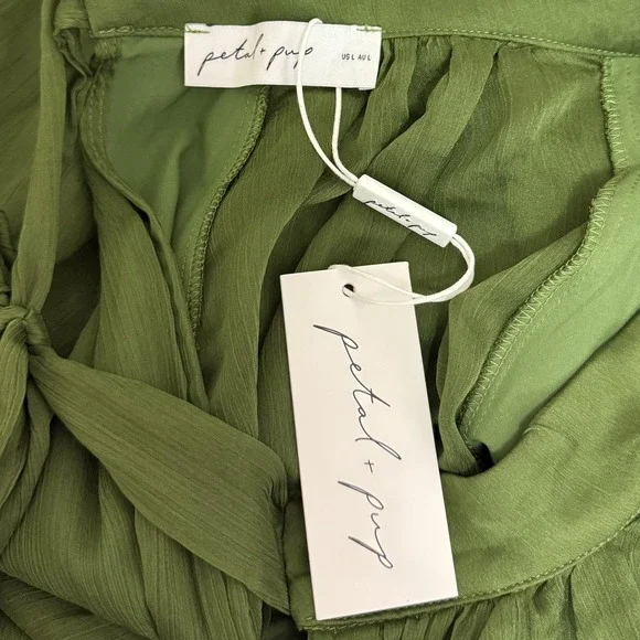 Petal & Pup Dress Womens L Olive Green Chiffon Sleeve Tiered Maxi Peasant Sleeve - Picture 5 of 9